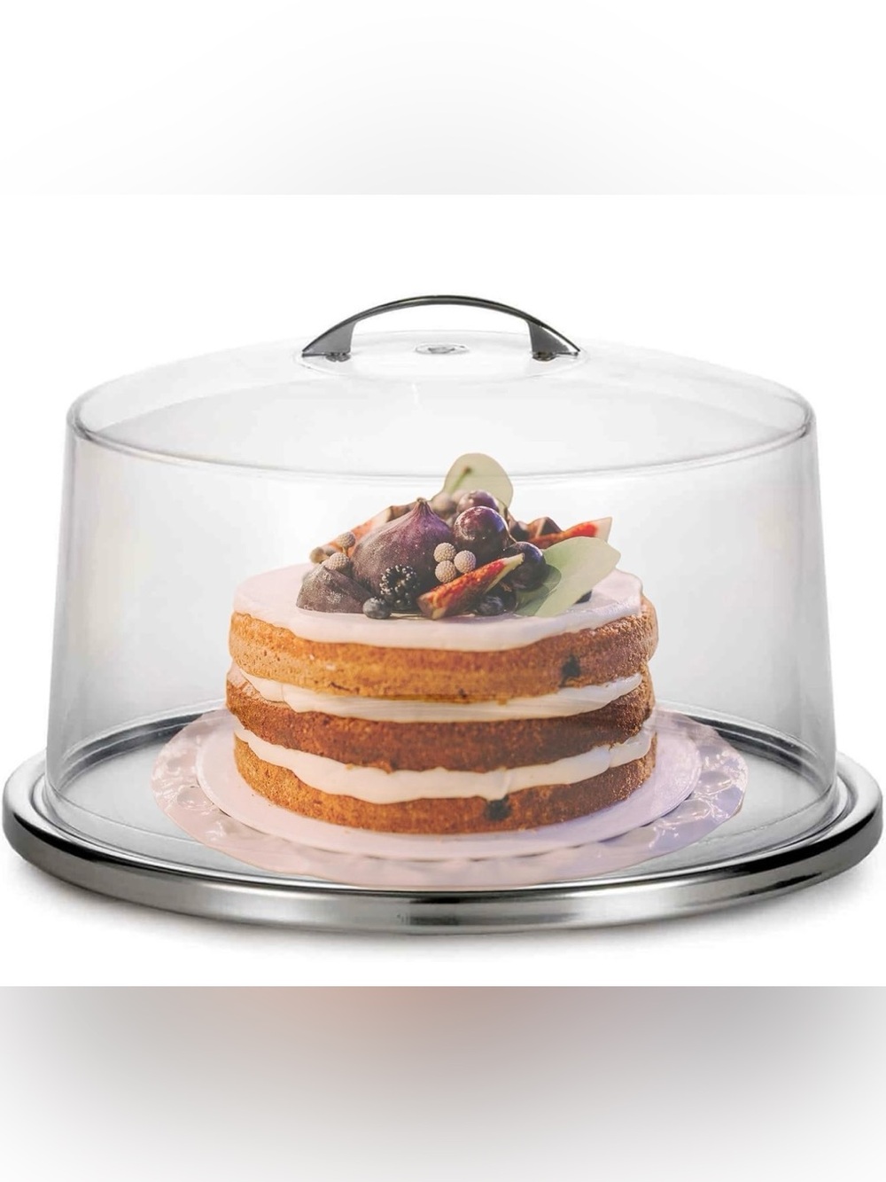 TableCraft 12" Plastic Cake Dome Cover and 13" Stainless Steel Plate Set - Picture 7 of 9